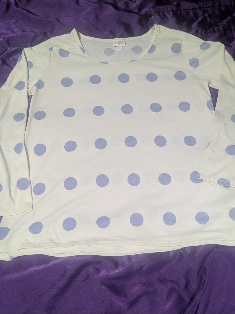 LuLaRoe White Long Sleeve Tee with Lavender Polka Dots